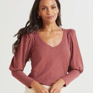 NATION LTD I Pink Mauve Smocked Puff Sleeve Pima Cotton Long Sleeve Shirt Top, S